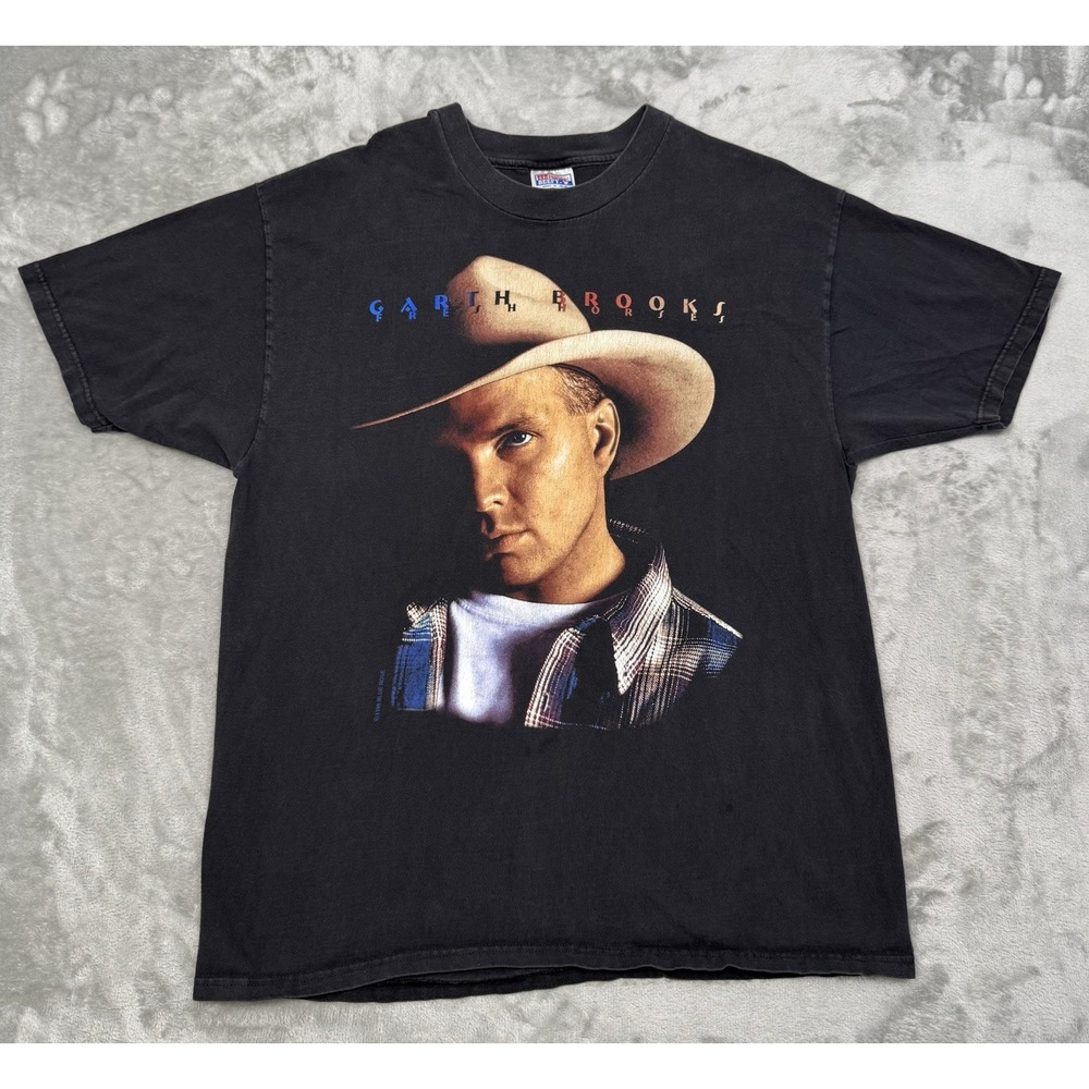 Vintage Garth Brooks Fresh Horses T-Shirt Size XL Black Graphic Tour Tee 90s